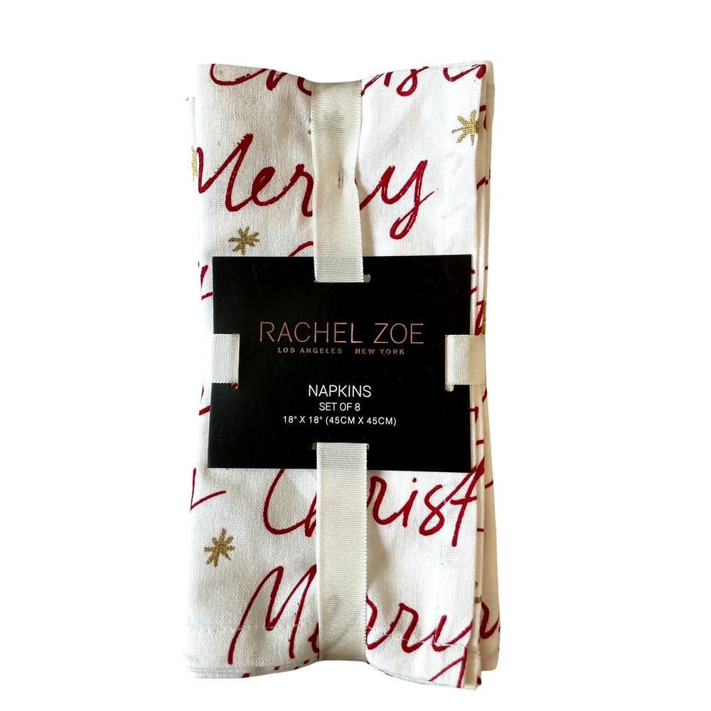 8pc Rachel Zoe Merry Christmas Script Cotton Napkins 18x18 Red Cream Holiday New